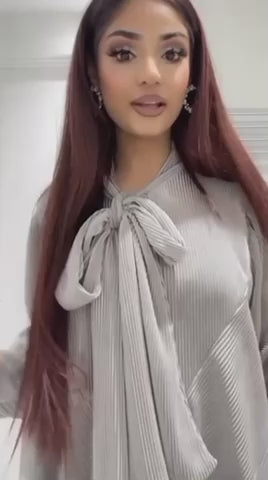 video of model wearing the Valentina Pleated Bow Set in grey