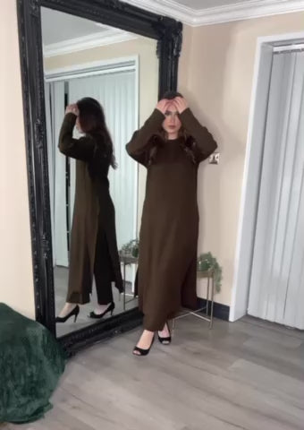 Model wearing the modest Vida Co-Ord Set in brown