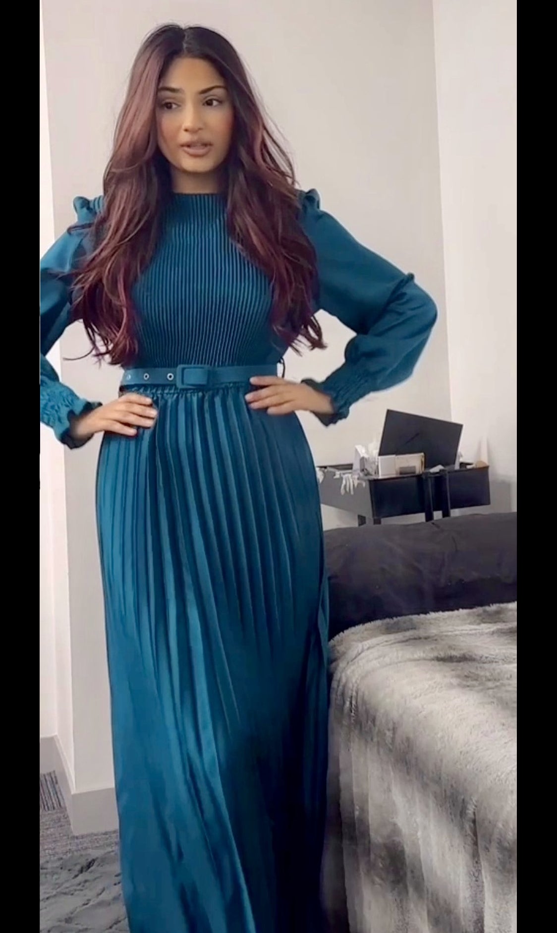 Silk Pleated Long Modest Dress in teal