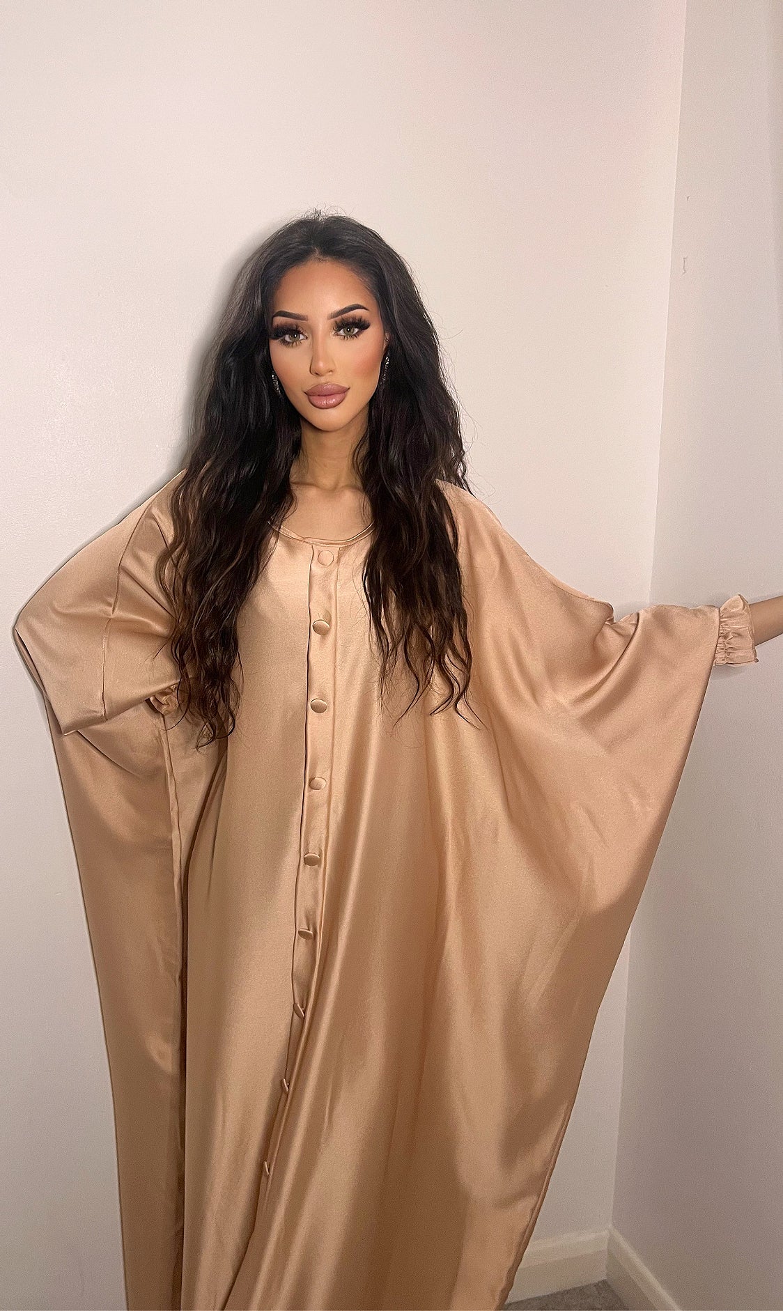 Modest June Buttoned Jubbah in silk brown and pink and beige