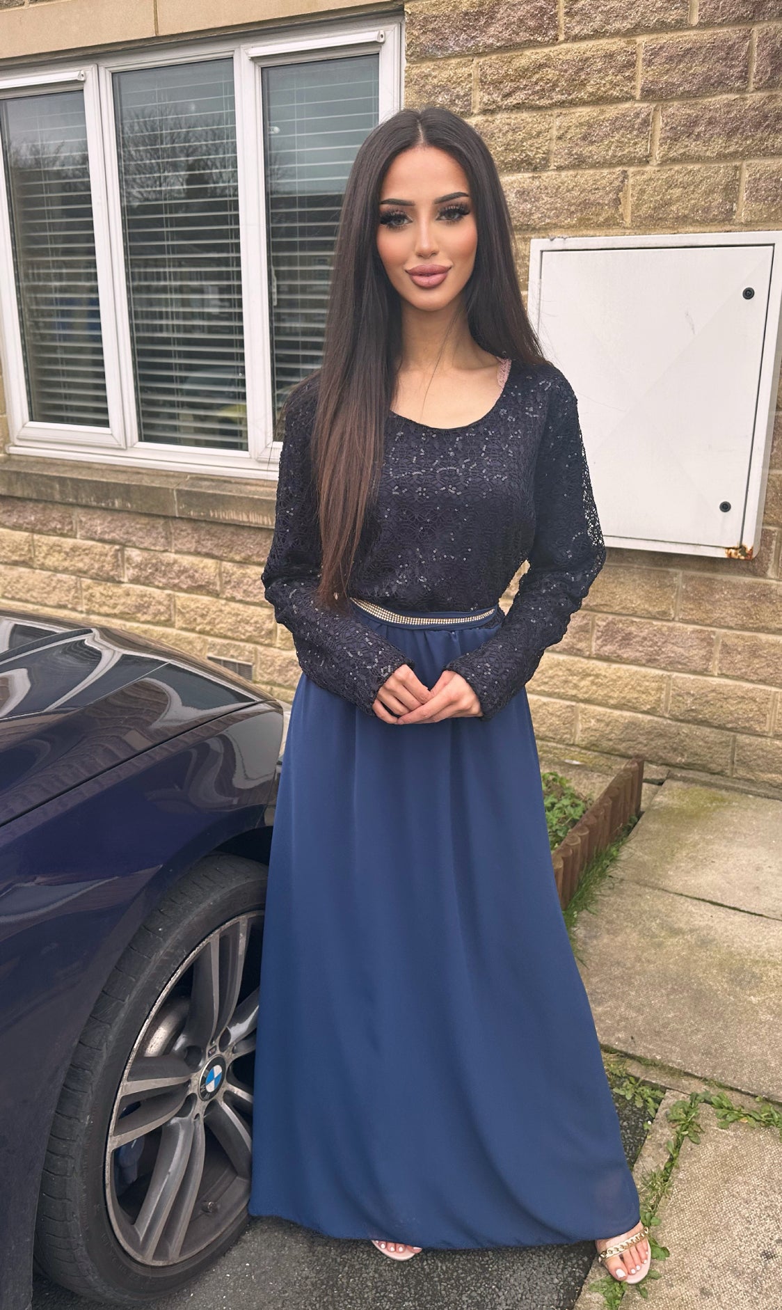 Sequinned modest dress in navy for celebrating EID UK delivery