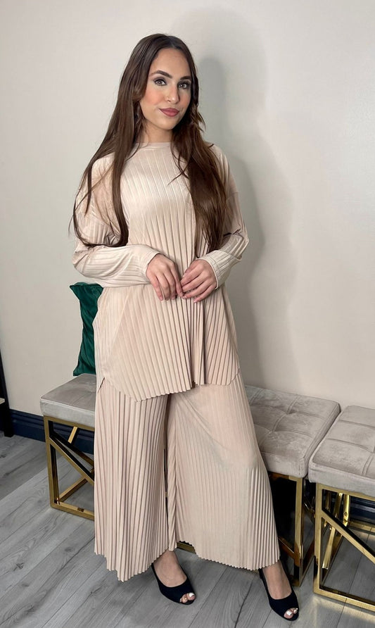 Sara Pleated 2 Piece Co-Ord Set, elegant chic womens wear for special occasions in beige
