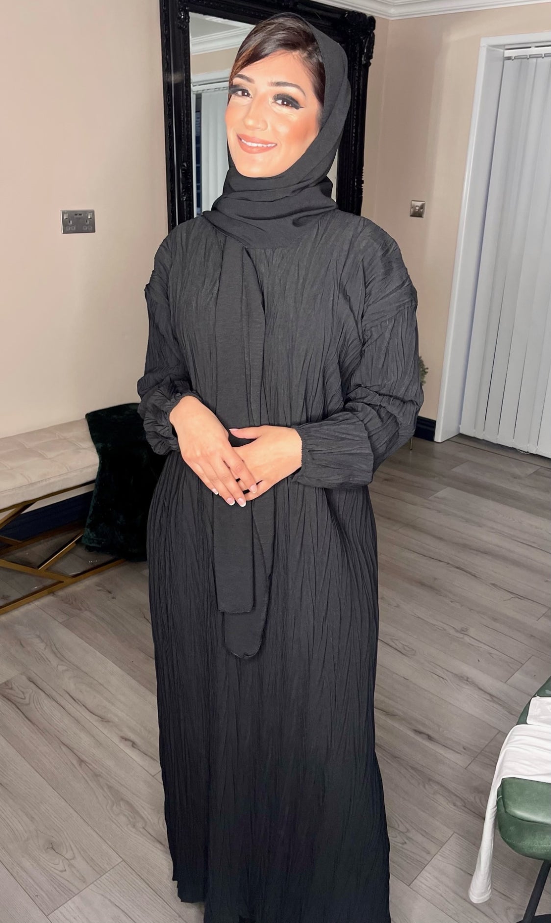 abaya with a unique crushed crape crinkle texture and an attached scarf in white uk delivery