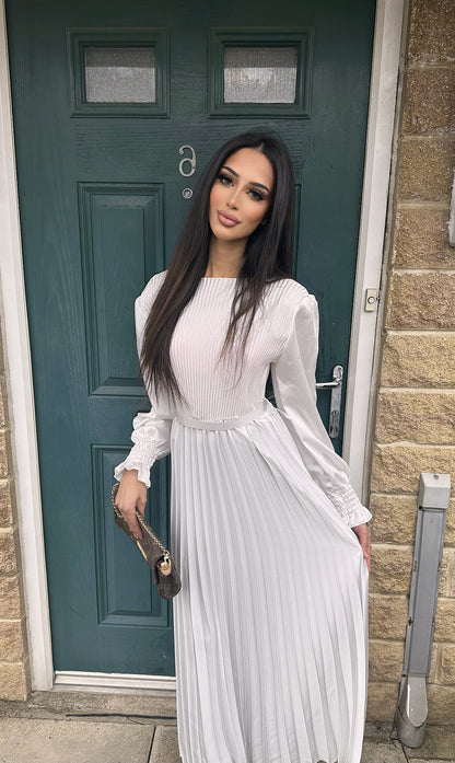 Silk Pleated Long Modest Dress in white