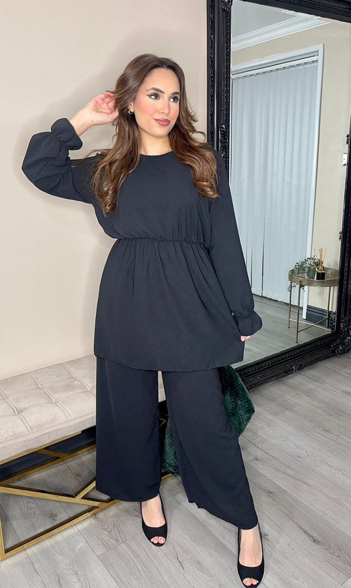black modest Top and trousers set, comfortable chic and stylish available in the UK fast delivery, night time outfit, dress up, going out, party outfit